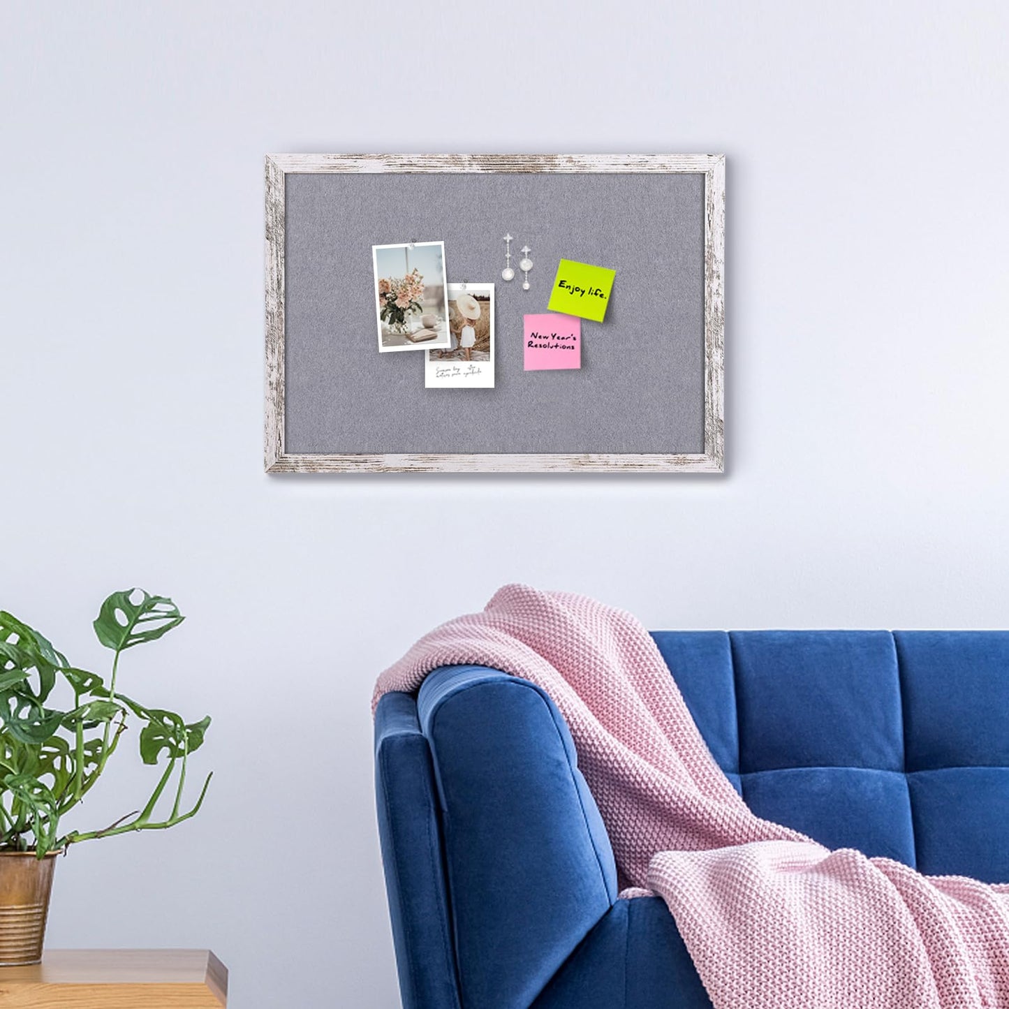 Aitakatta Gray Felt Cork Board Bulletin Board, Decorative Hanging Cork Boards for Walls with White Rustic Wood Frame, Pin Board Vision Board for Office Home and School with Pins, Screws (4060,WH,1pc)
