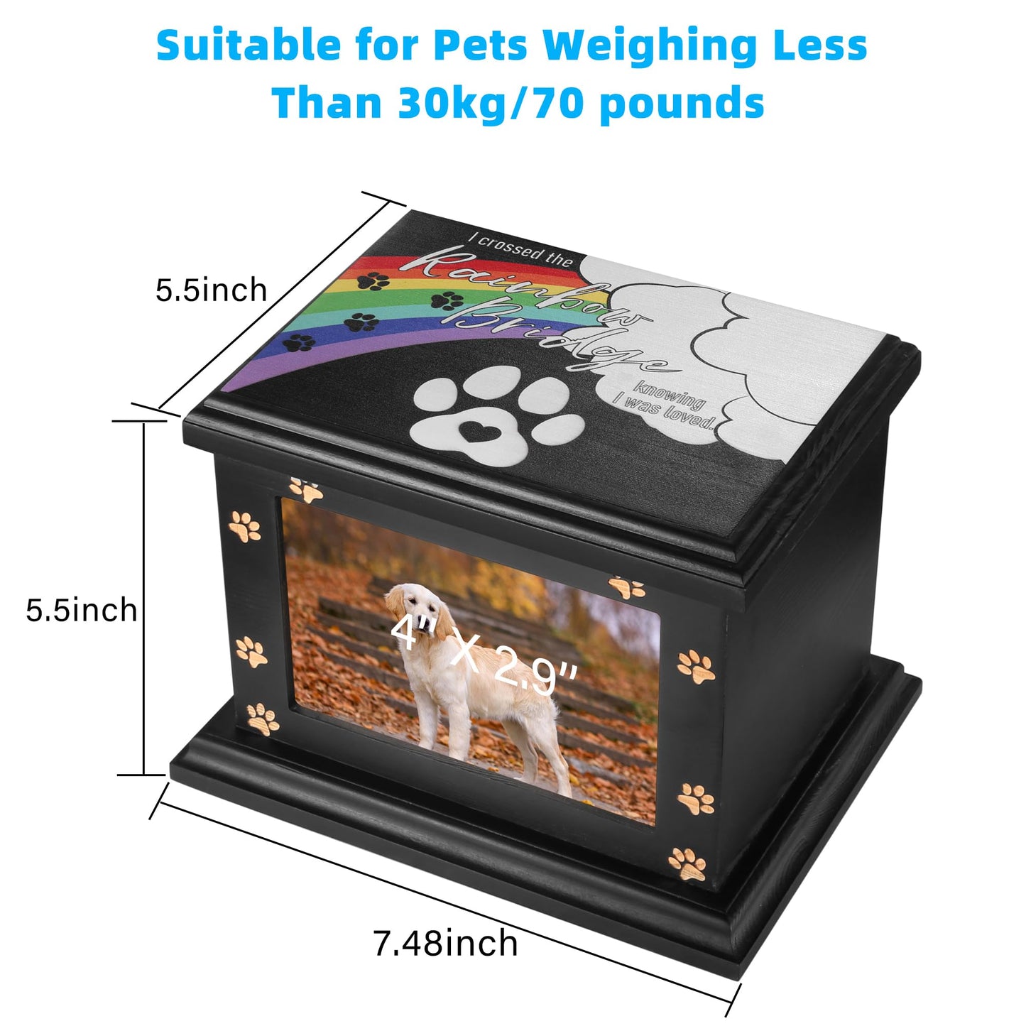 Pet Memorial Urn for Dogs or Cats Ashes - Large Wooden Funeral Keepsake With Photo Frame, Cremation Memory Box for Loss Pets, Casket Burial Ashes