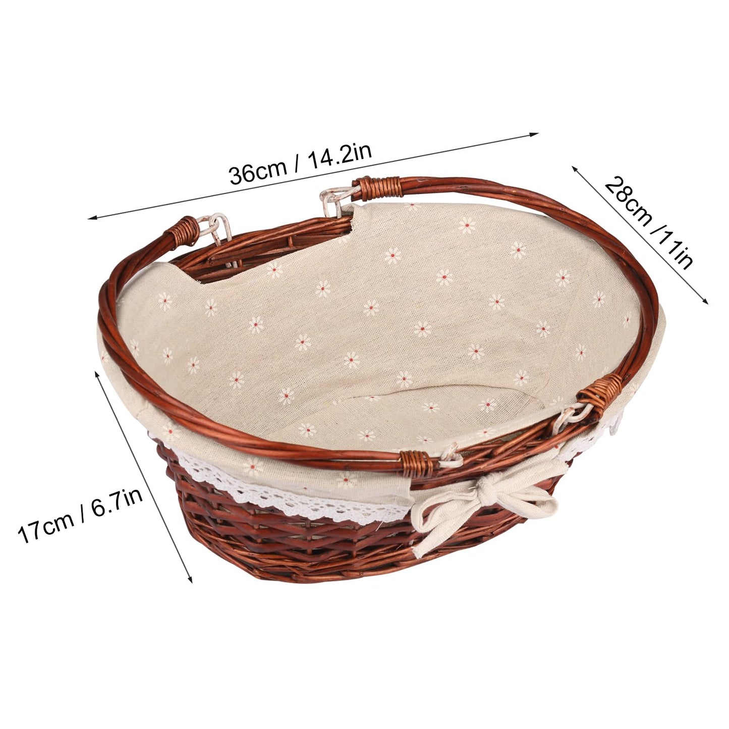 GNIEMCKIN Multipurpose Wicker Basket with Handle, Wicker Picnic Basket with Liner, Empty Gift Basket, Oval Willow Woven Basket for Fruit, Candy, Wine, Gathering, Wedding, Picnic, 14.2 x 11 x 6.7 In