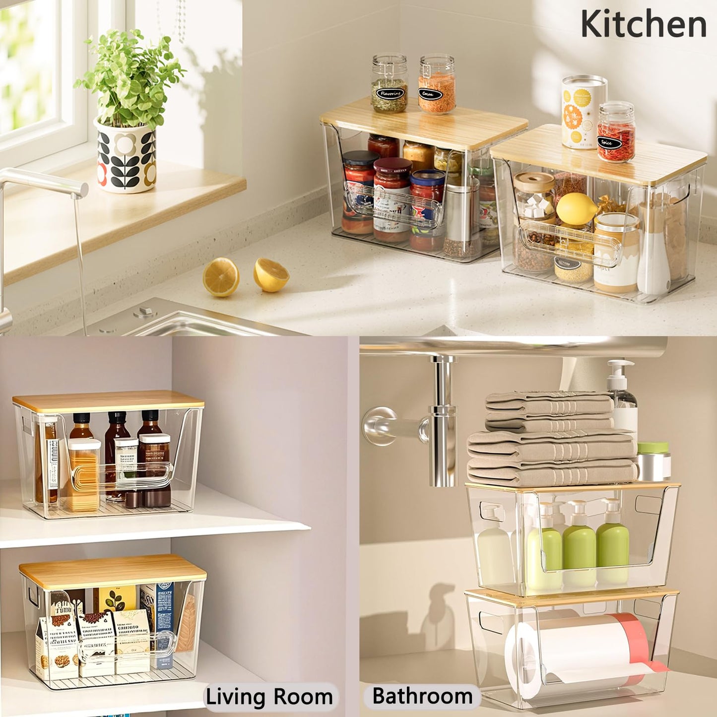 Pantry Organizers Storage Heavy-duty Ultrathick, THASOK 2 Set Kitchen Cupboard Organizers Upgraded Fence design, Stackable Baskets Storage with Bamboo Top for Onion,Potato,Fruits,Produce,Vegetable