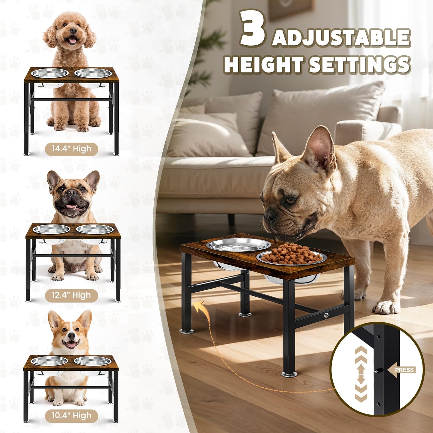 NomNest Elevated Dog Bowls, 3 Height Adjustable Raised Dog Water Food Bowl Wooden Metal Stand, 42OZ-Stainless Steel Bowls for Medium Small Dogs
