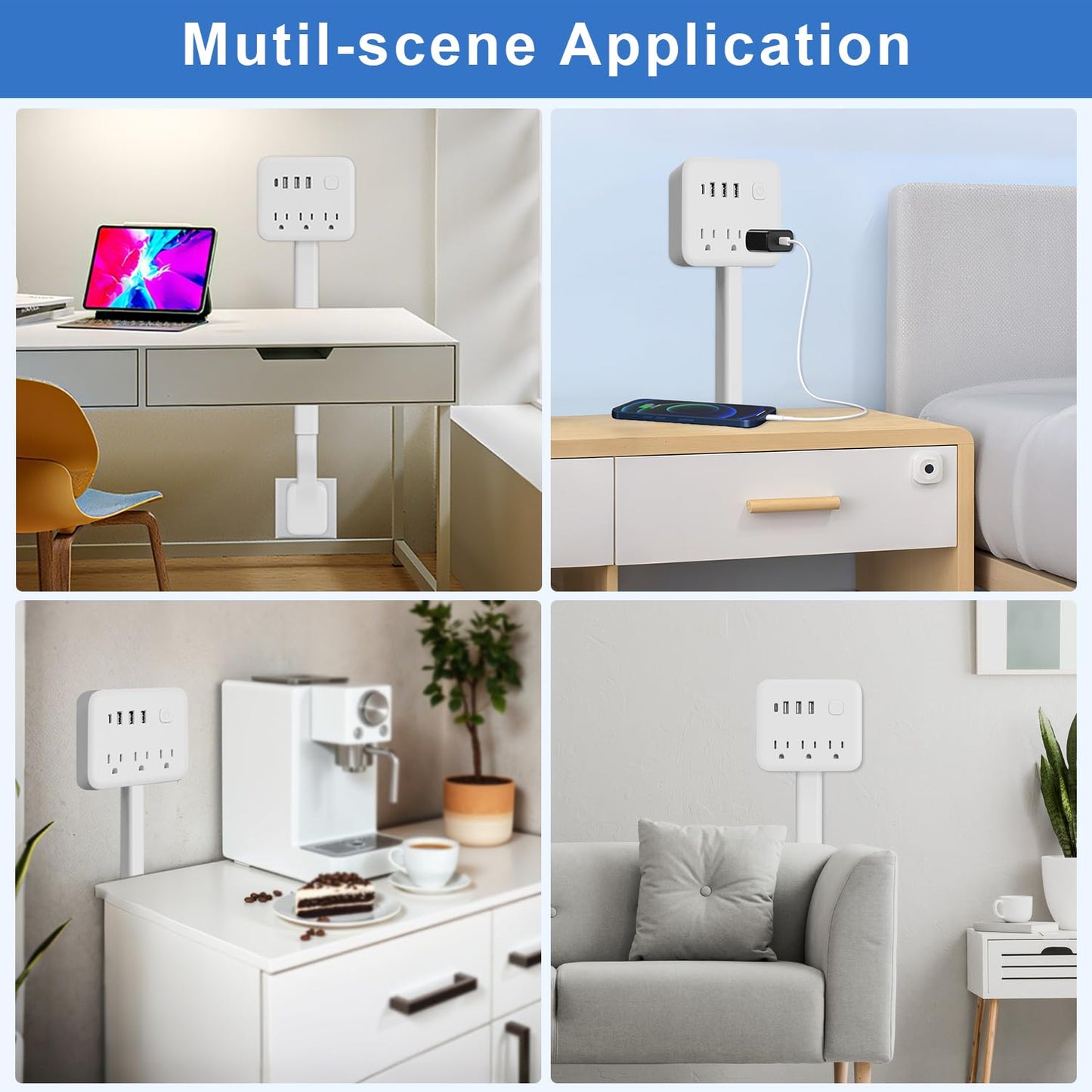 Electrical Outlet Extender Stick, 180° Rotating Surge Protector Power Strip, Featured 3 AC and 4 USB Ports, Multi Plug Wall Outlet Splitter | Ideal for Behind Couches, Nightstands, Desks | White