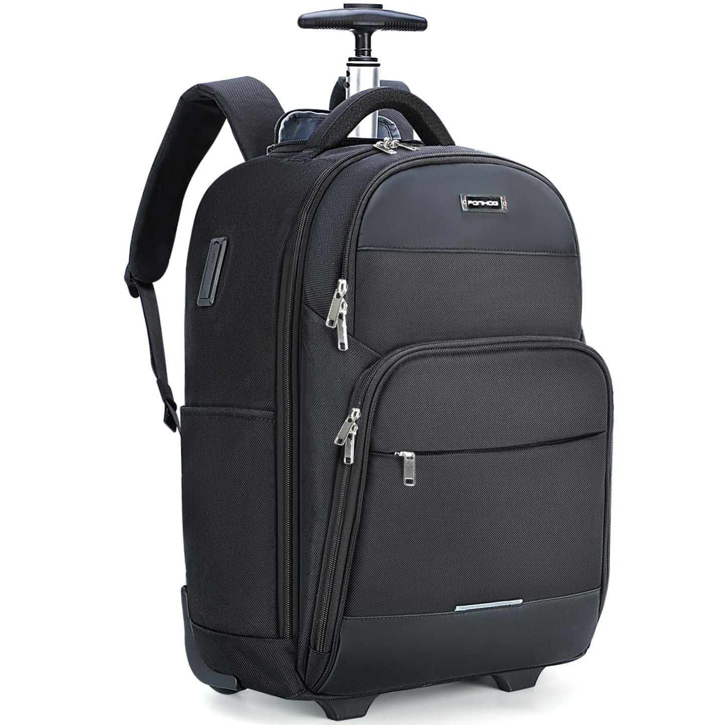 Ponhog Rolling Backpack - 15.6 Inch Travel Laptop Backpack with Wheels, 30L Roller Carry on Luggage with USB Charging Port, Personal Item Wheeled Backpack for Men Women, Black