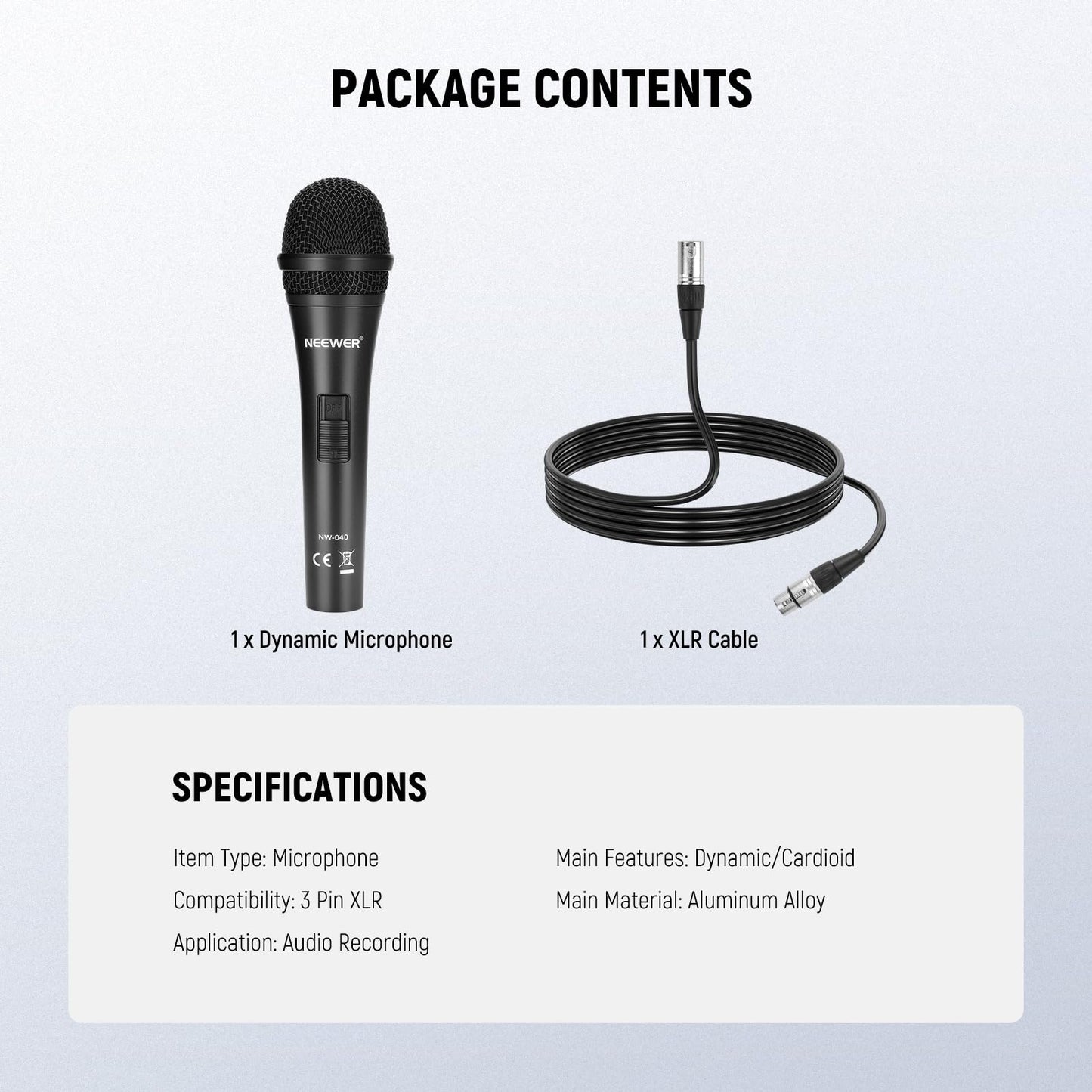 Neewer Cardioid Dynamic Microphone with XLR Male to XLR Female Cable, Rigid Metal Construction for Professional Musical Instrument Pickup, Vocals, Broadcasting, Speech, Black (NW-040)