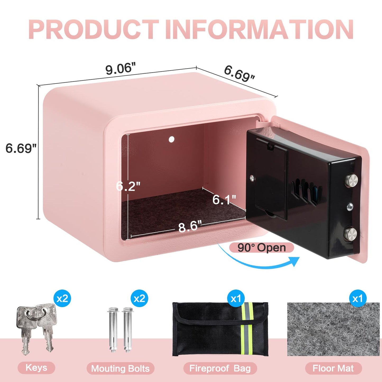 0.23 Cubic Feet Safe Box, Small Safe W/Fireproof Bag, Keys & Pass Code, Digital Electronic Security Money Box for Cash, Document, Home, Office, Hotel Use, Pink, 6.69"D x 9.06"W x 6.69"H