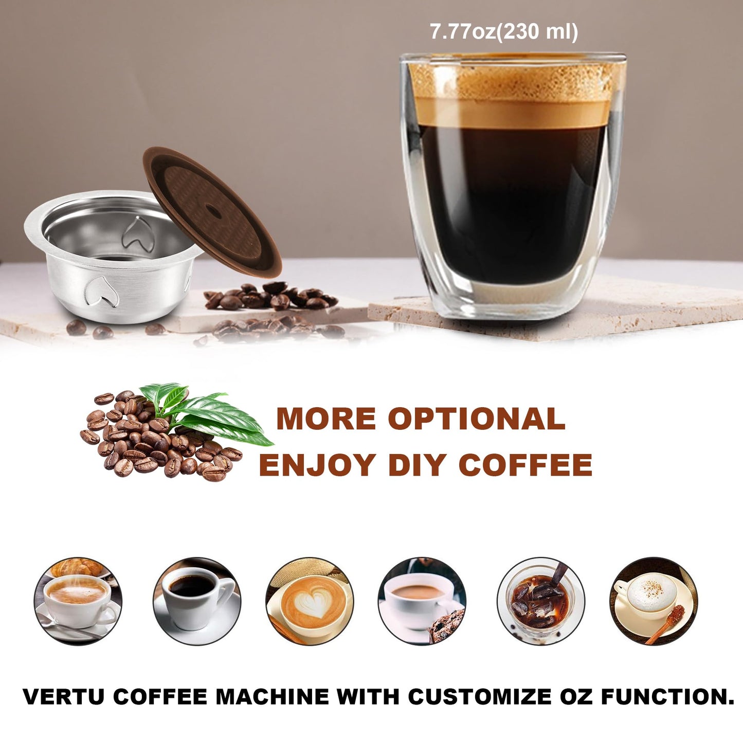Reusable Coffee Pods, Stainless Steel Refillable Coffee Capsules for Vertu Machine, ONLY Compatible with Vertu pop & Vertu next, with 1 Pcs Silicone Lids, Scoop, Brush, Ashtray (7.77oz Coffee Cup)