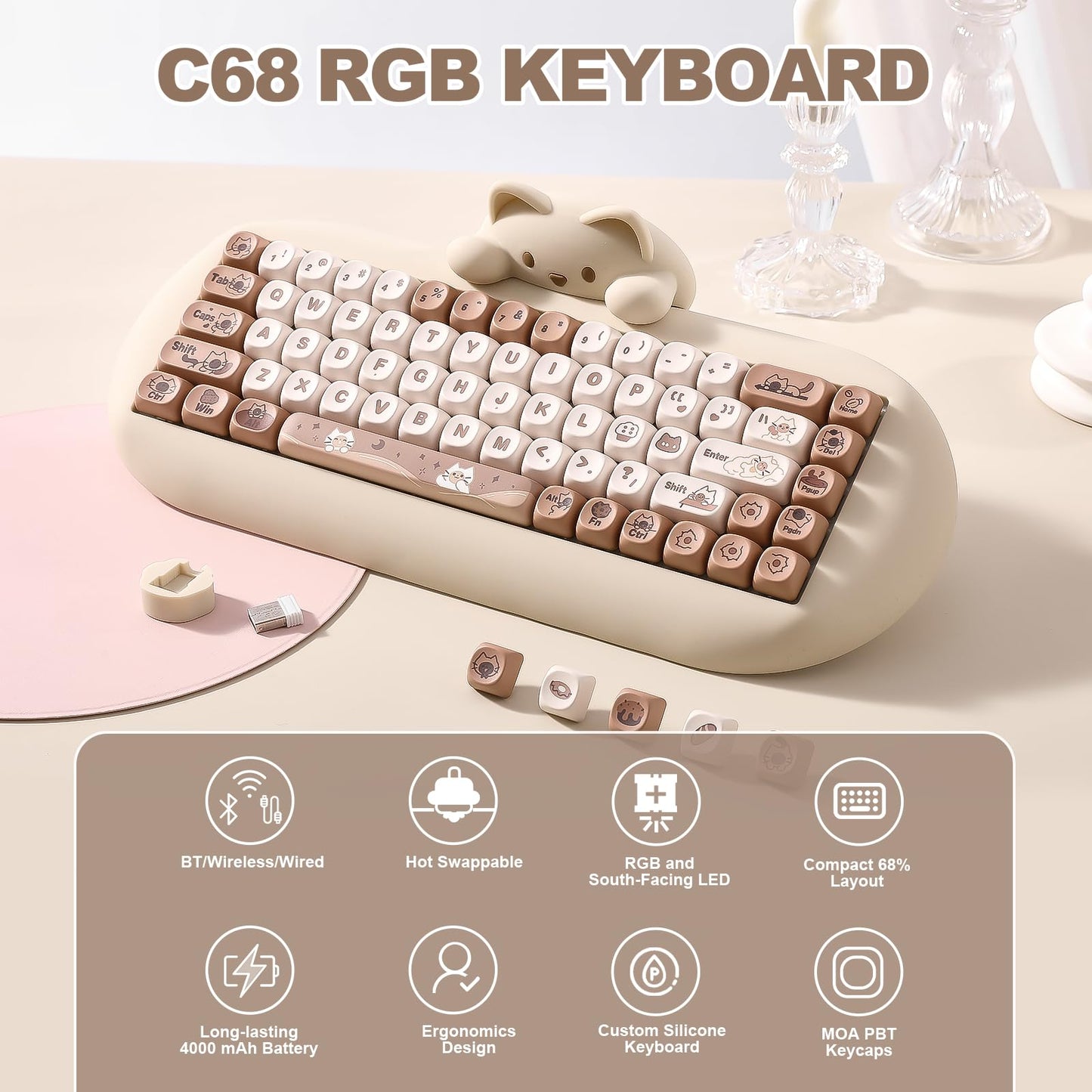 YUNZII C68 Wireless Mechanical Keyboard,65% Layout,Hot Swap,Triple Mode BT5.0/2.4G/Wired, RGB Backlit NKRO,Cute Cat Silicone Ergonomic Design for Win/Mac (Milk Switch,Brown)