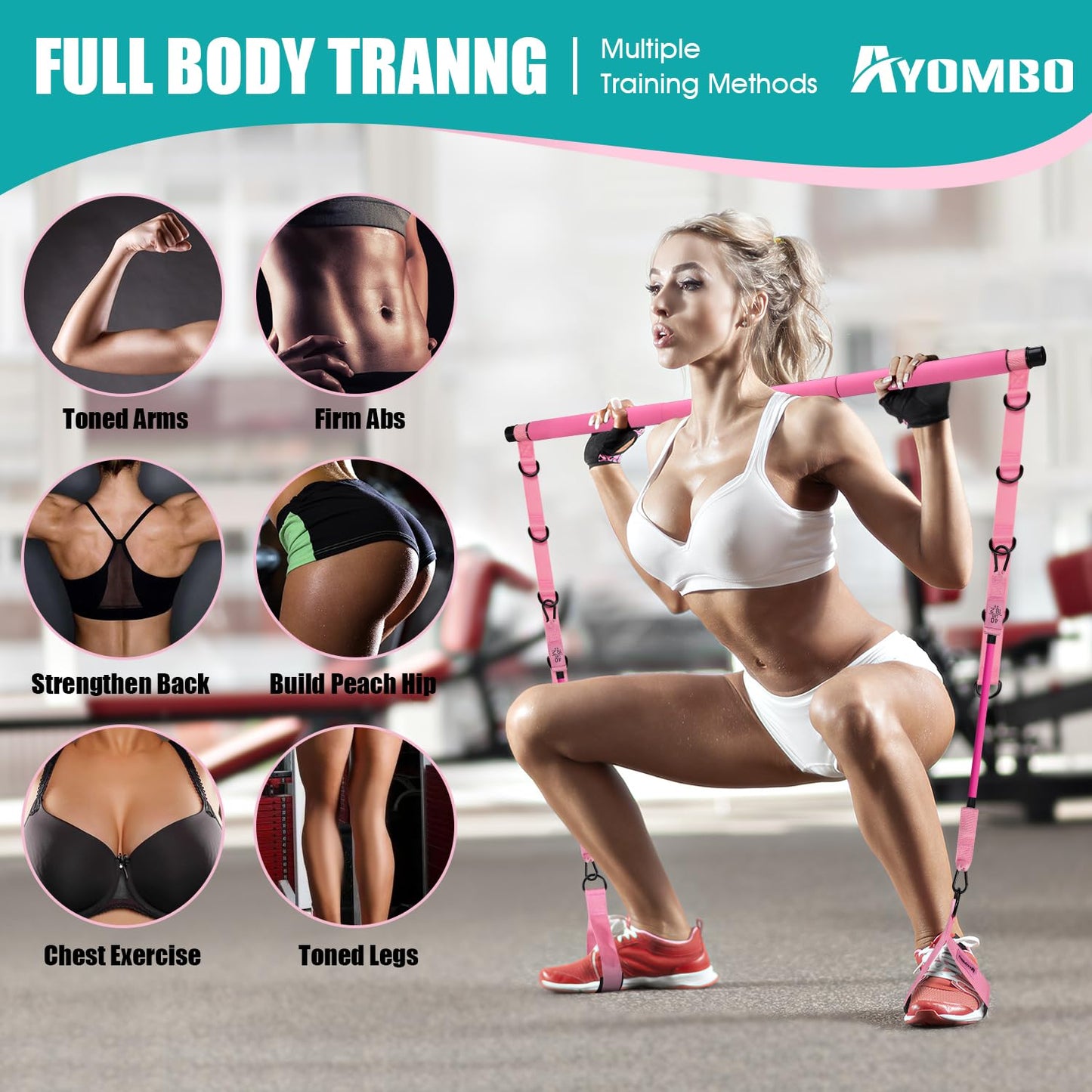 Pilates Bar Kit with Resistance Bands, Pilates Workout Equipment for Legs, Hip, Waist, Arm, Squats Exercise Equipment for Home Workouts, Adjustable 3-Section Resistance Bands Bar Kit for Women & Men
