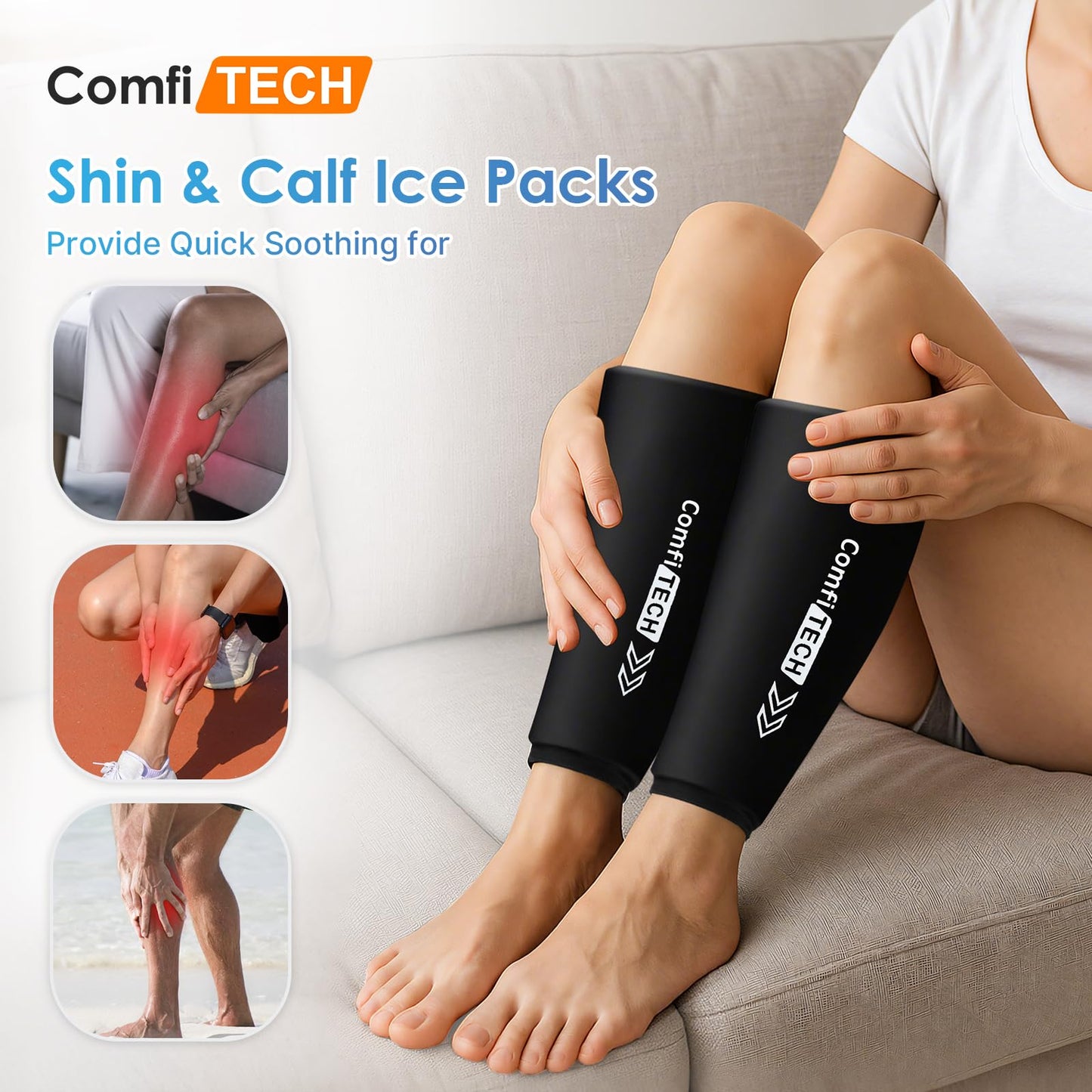 Comfitech Shin Splint Ice Pack Wrap 2 Pack, Reusable Leg Ice Pack Sleeve for Knee & Calf, Flexible Gel Cold Pack for Ankle & Arm, Hands-Free Design for Comfort and Support, Large
