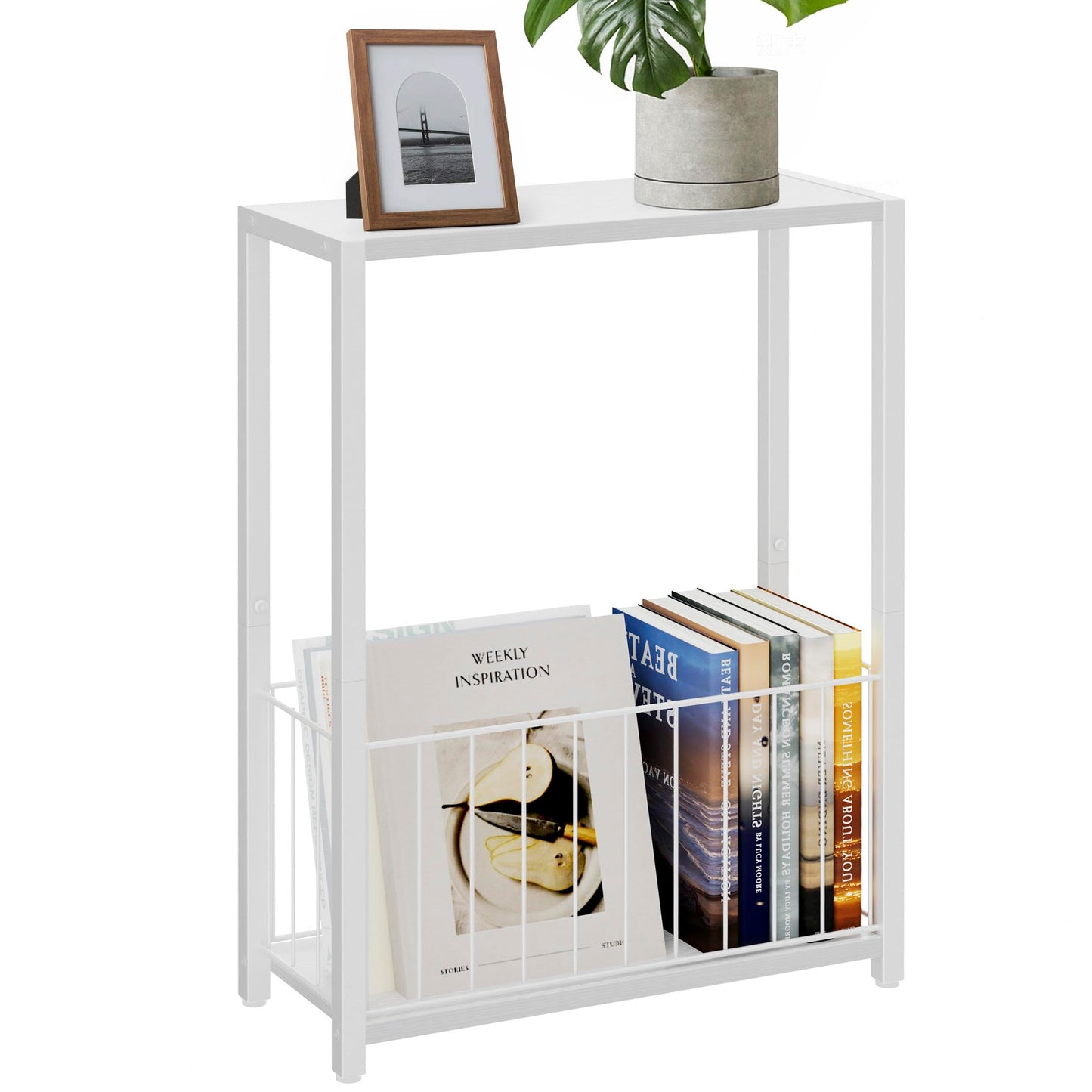 Homleke Narrow Side Table with Magazine Holder, Skinny End Table Perfect for Small Spaces, Space-Saving Design for Living Room, Bedroom, or Office, 18 x 43 x 60 cm, White