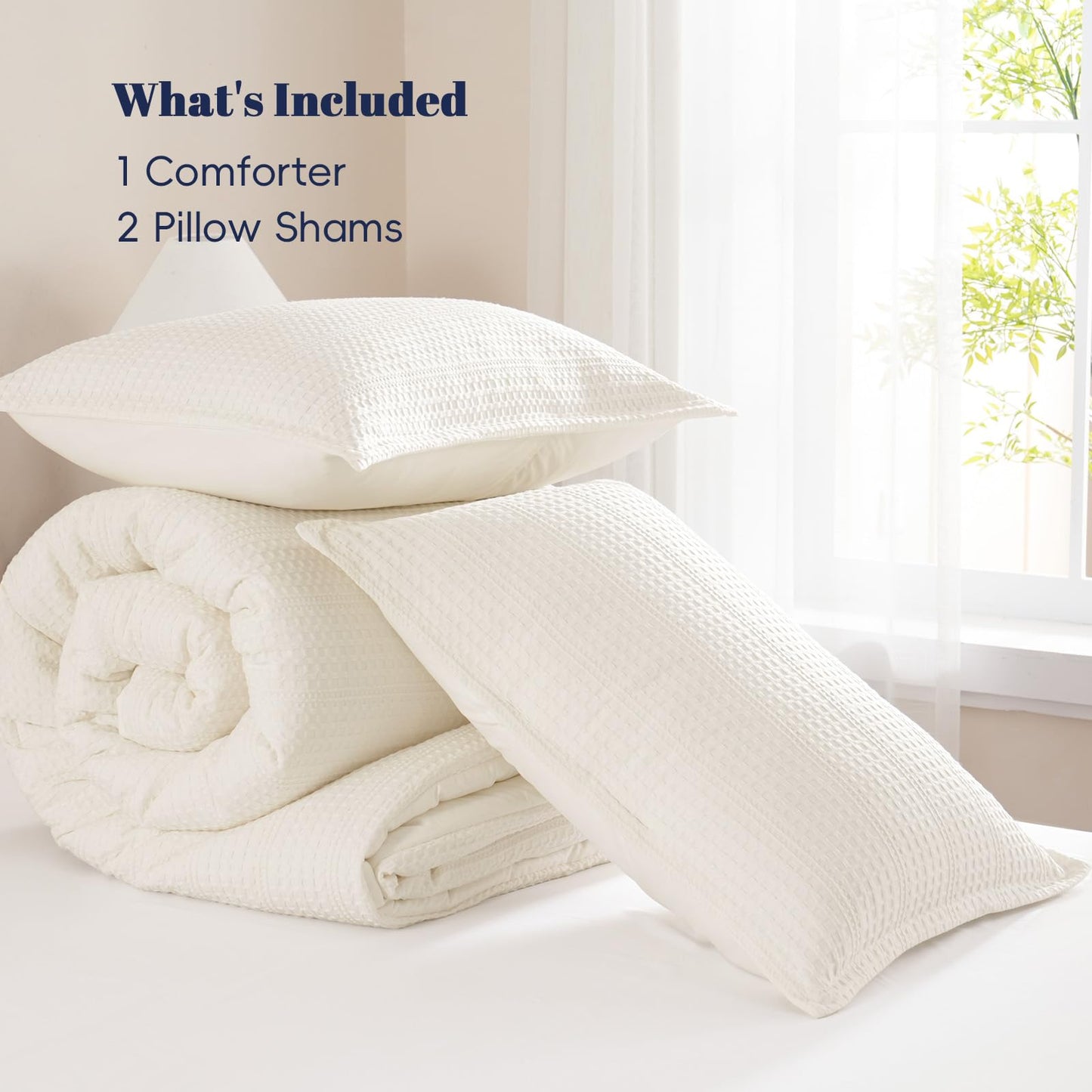 PHF Soft Waffle Comforter Set Queen Size- Comfy Breathable Waffle Weave Comforter with 2 Pillow Shams, 3 Pieces No Snagging Lightweight Bedding Set for All Season, Cream