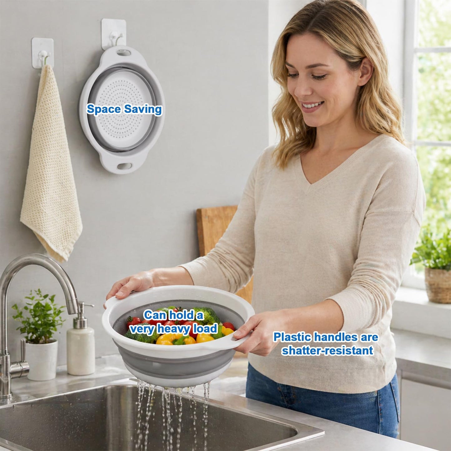 ECHOSAMEN Kitchen Collapsible Colander Set with Draining Base, Edge of Sink Strainer - Space-Saving Food-Grade Silicone Basket with D-Handle for Draining & Rinsing Pasta, Fruits, Vegetables(White)