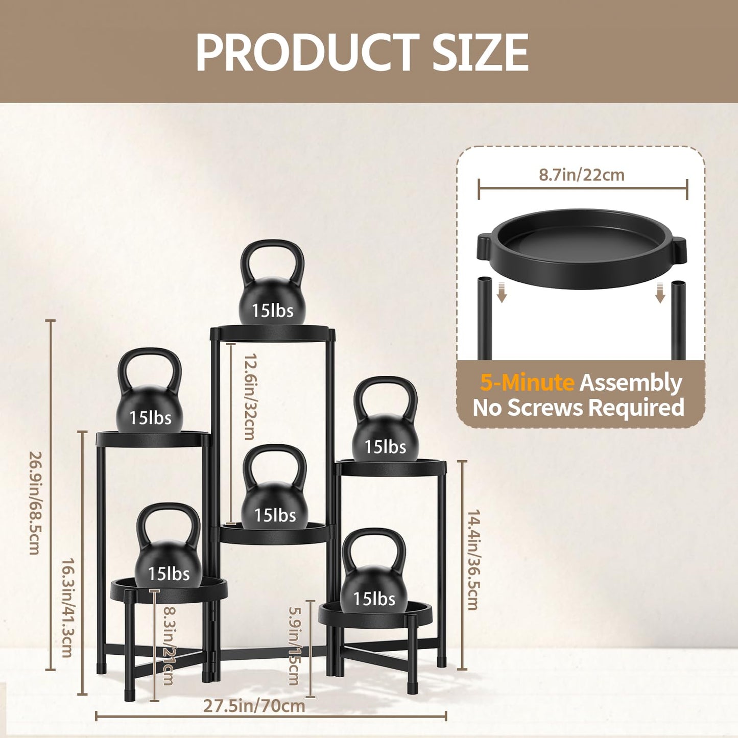 LASZOLA 6 Tiered Folding Plant Stand Indoor for Multiple Large Planter, Tall Heavy Duty Adjustable Rack with Rust Proof Plastic Shelving, Sturdy Vertical Tree Organizer for Narrow Inside Floor, Black