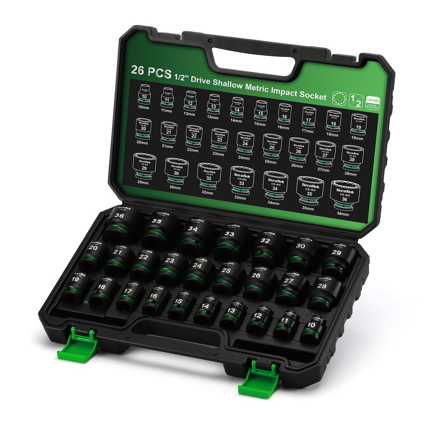 TecoTek 26 Pieces 1/2-Inch Drive Shallow 12-Point Metric Impact Socket Set, CR-MO, 10mm to 36mm, Stamped and Ink Filled Size Marking, Heavy Duty Storage Case