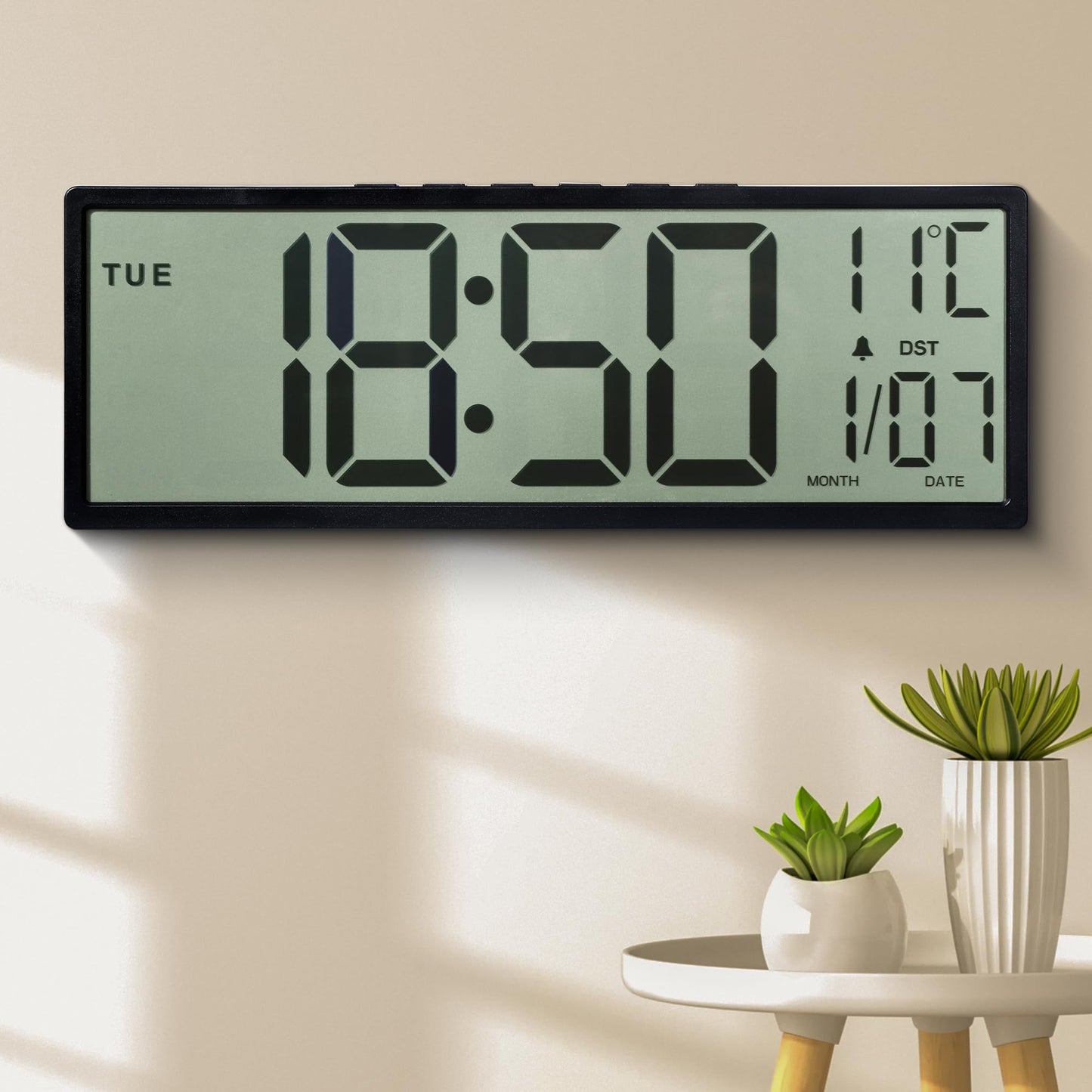 LEIKE 15" Large Digital Wall Clock Battery Operated, Big LCD Screen Display with Date and Time,Auto DST,Temperature,Clock Decor for Living Room,Bedroom,Desk,Classroom,Easy to Read for Elderly-Black