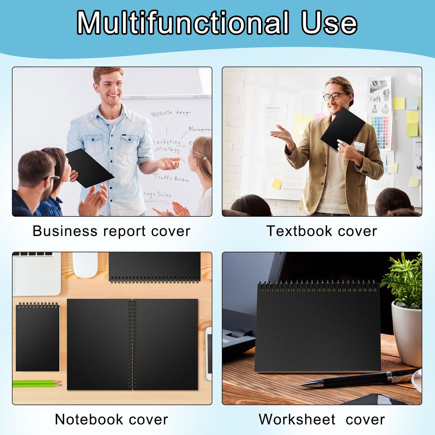 Fulmoon 100 Pack 15 Mil Sand-Textured Polycover Poly Binding Covers Letter Size 8-1/2 x 11 Inches for Letter Size Document Binding, Business Proposals Un-Punched, Square Corners, Black