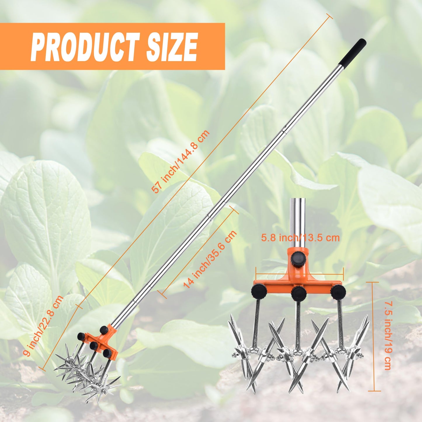BARAYSTUS Rotary Cultivator Garden Rotary Tiller Adjustable Stainless Steel Poles Hand Tiller for Soil Mixing or Reseeding Grass Lawn Cultivator Total Length 57 Inch.