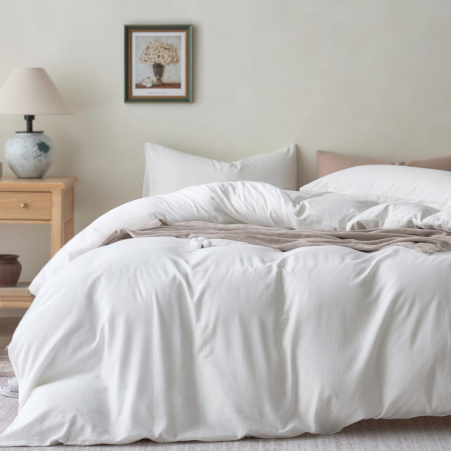 JELLYMONI Cotton Duvet Cover Queen Size - 100% Washed Cotton Linen Like Textured Comforter Cover, 3 Pieces Breathable Soft Bedding Set with Zipper Closure (Off White, Queen 90"x90")
