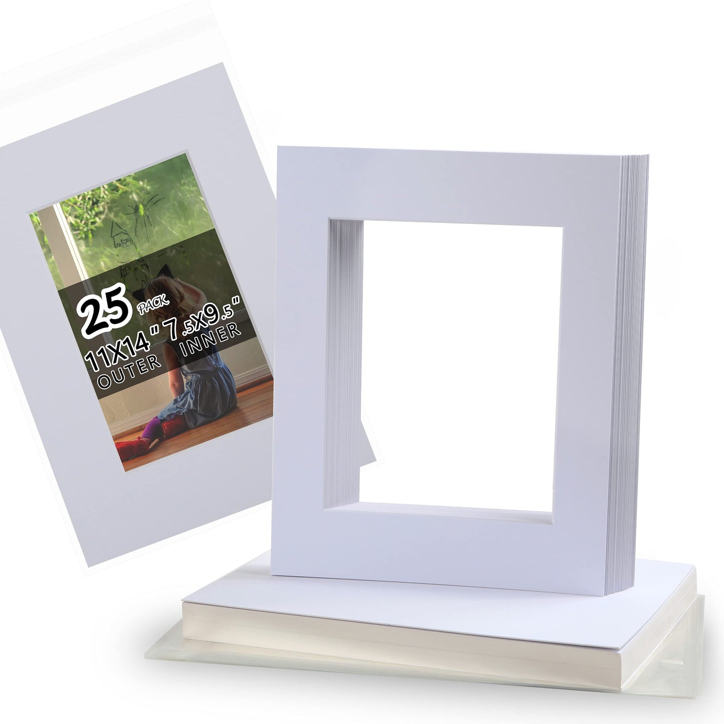 Acid Free 11x14'' White Mat Board Show Kit for 8x10'' Artworks or Pictures, 4-Ply Beveled Precut Photo Backing Boards and Crystal Clear Plastic Bags, 25 Pack