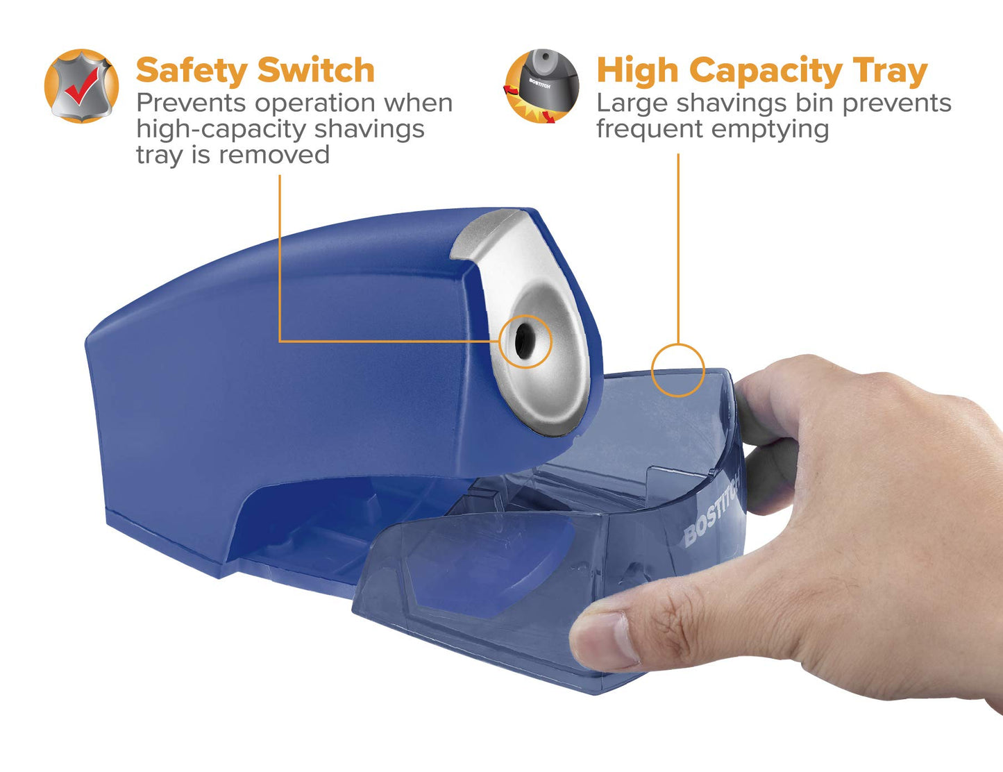 Bostitch Office Personal Electric Pencil Sharpener, Powerful Stall-Free Motor, High Capacity Shavings Tray, 7yr Warranty, Navy Blue (EPS4-KTBLUE)