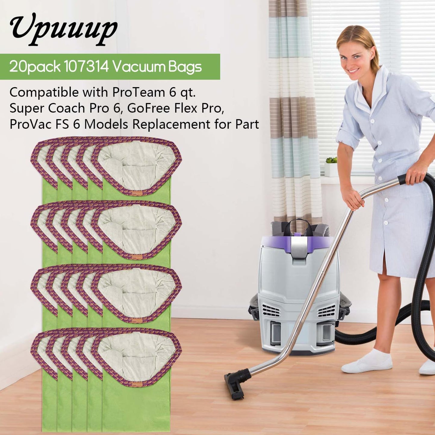 20 PACK 107314 Backpack Vacuum Bags Vacuum Filters bags Compatible with ProTeam 6 QT Backpack Vacuum, Super Coach Pro 6, ProVac FS 6, GoFit 6, GoFit 6 PLUS and GoFree Flex Pro II