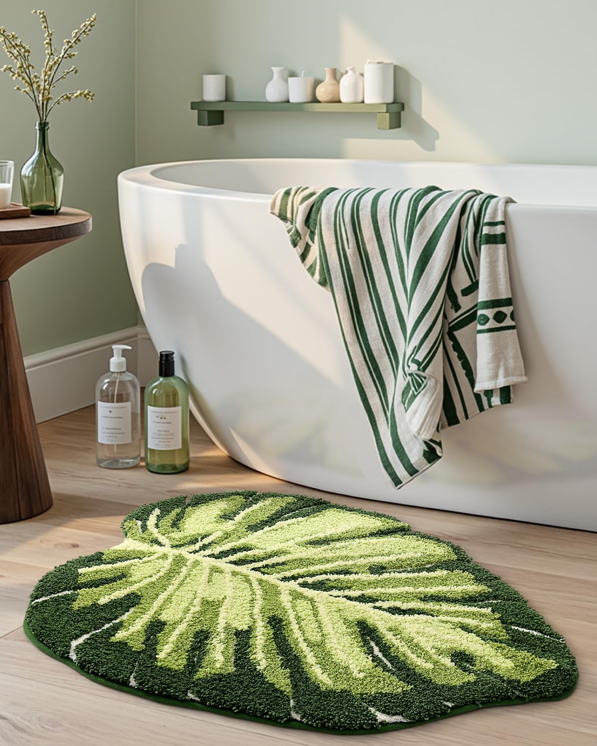 DEXI Bath Mat Leaf Plant, 31.5x47 Soft Absorbent Bathroom Rug with Non Slip Backing, Microfiber Washable Floor Carpet Bathmat for Sink, Living Room, Monstera Green