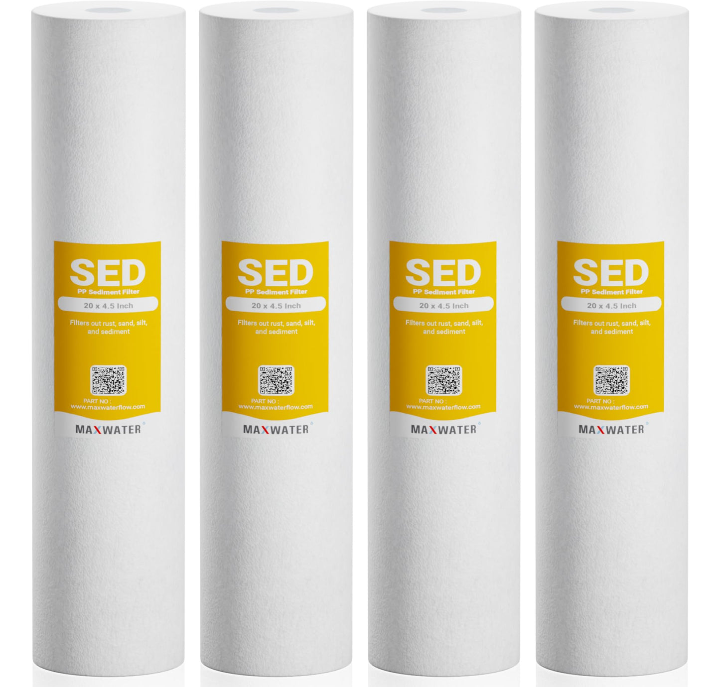 Max Water 5 Micron 20 x 4.5 Sediment Filter 20 inch Whole House BB Water Filteration System Replacement Compatible Cartridge DGD-5005-20, FP25B, AP810-6, FPMB5-20, P5-20, 155358-43, 4 Pack