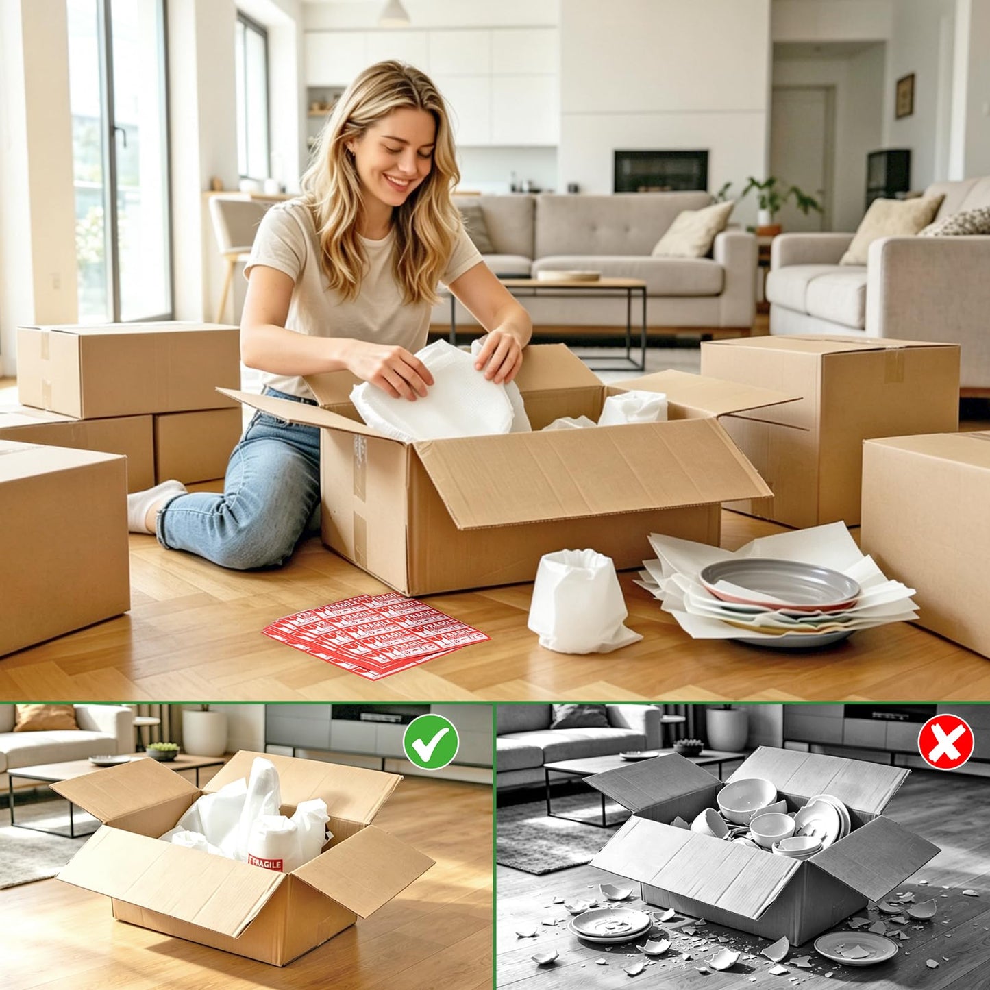 520Pcs Dish Packing Supplies for Moving, Moving Suppliers Packing Foam Cushion Dish Wrap 200 Cushion Foam Wrap Pouches & 50 Foam Sheets, with 270 Fragile Stickers for Fragile Shipping