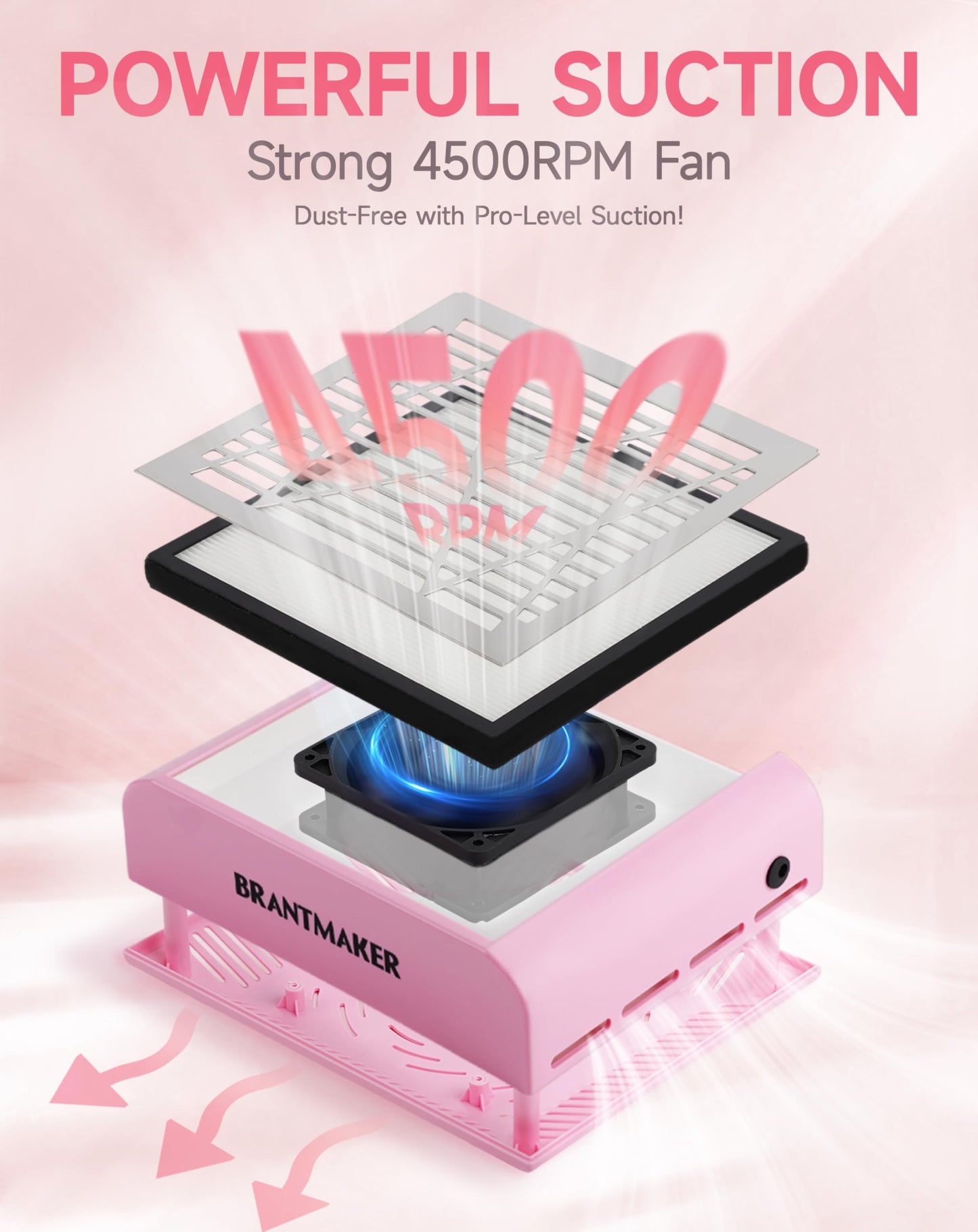 BRANTMAKER Nail Dust Collector with Brush and 2 Reusable Filters, 60W Vacuum Dust Fan for Acrylic Nails (Pink)