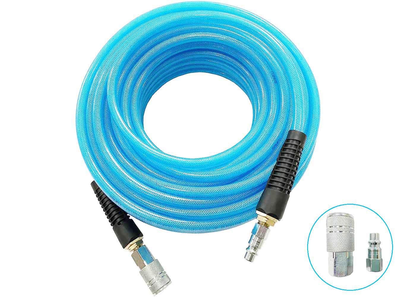 SANFU Polyurethane(PU) Reinforced 3/8”ID x 100ft, Air Hose, Non-kinking with 3/8” Reassembled Industrial High Flow Quick Coupler and Plug, Bend Restrictor, Transparent Blue(100’)