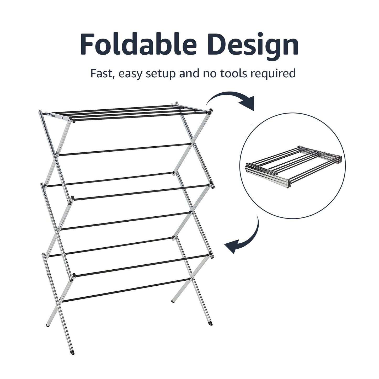 Amazon Basics Foldable Portable Laundry Drying Rack for Indoor Air Drying Clothing, 29.4 x 14.8 x 41.9 inches (LxWxH), Chrome Silver