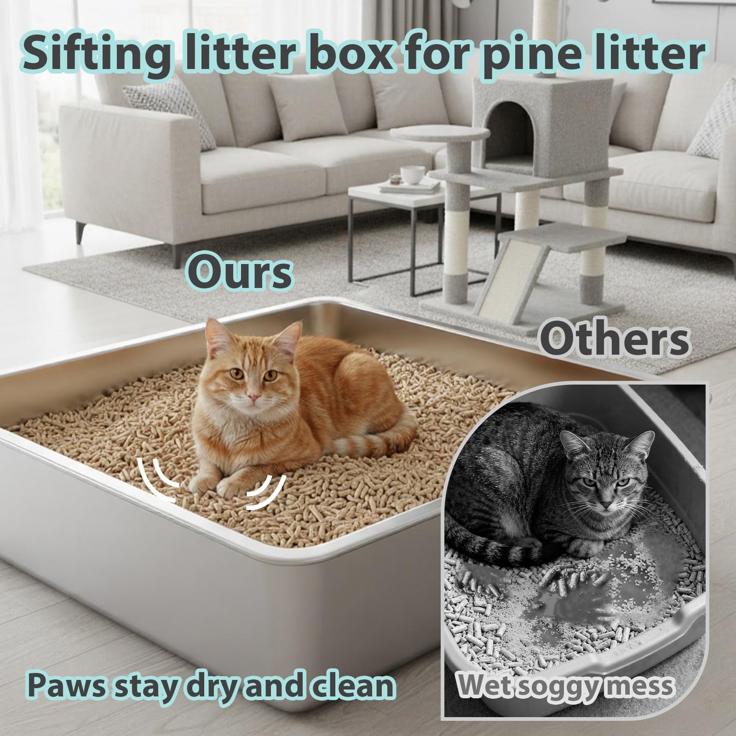 Amibud Stainless Steel Sifting Litter Box for Wood Pine Pellets,50cm Lx 35cm W x 15cm H Extra Large XL Metal Pellet Sifter Litter Pan System for Easy Cleaning Odor Control, Sifting Box Liners & Scoop
