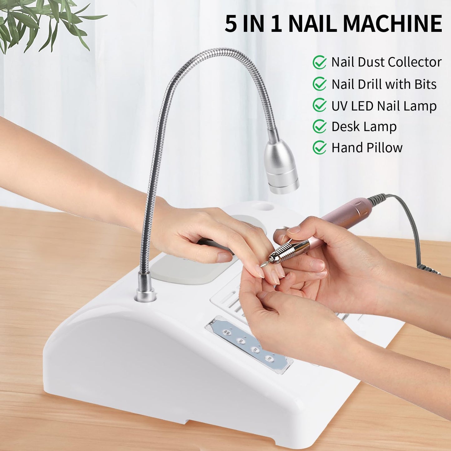 Nail Dust Collector Vacuum Multifunction Nail Art Machine Includes 40W Nail Dust Suction, 30000PRM Nail Drill with Bits and Sanding Bands, 48W/96W UV LED Nail Lamp, 6W Table Light, Hand Cushion