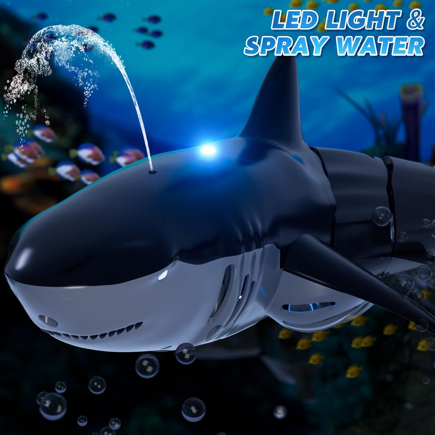 Remote Control Shark Toys for Boys Kids, 1:18 Scale High Simulation Shark for Pool, 2.4Ghz Electric RC Shark Boat Fish Toys with Light & Spray, Toy Shark Gifts for 5 6 7 8 9 Year olds Kid Boys Girls