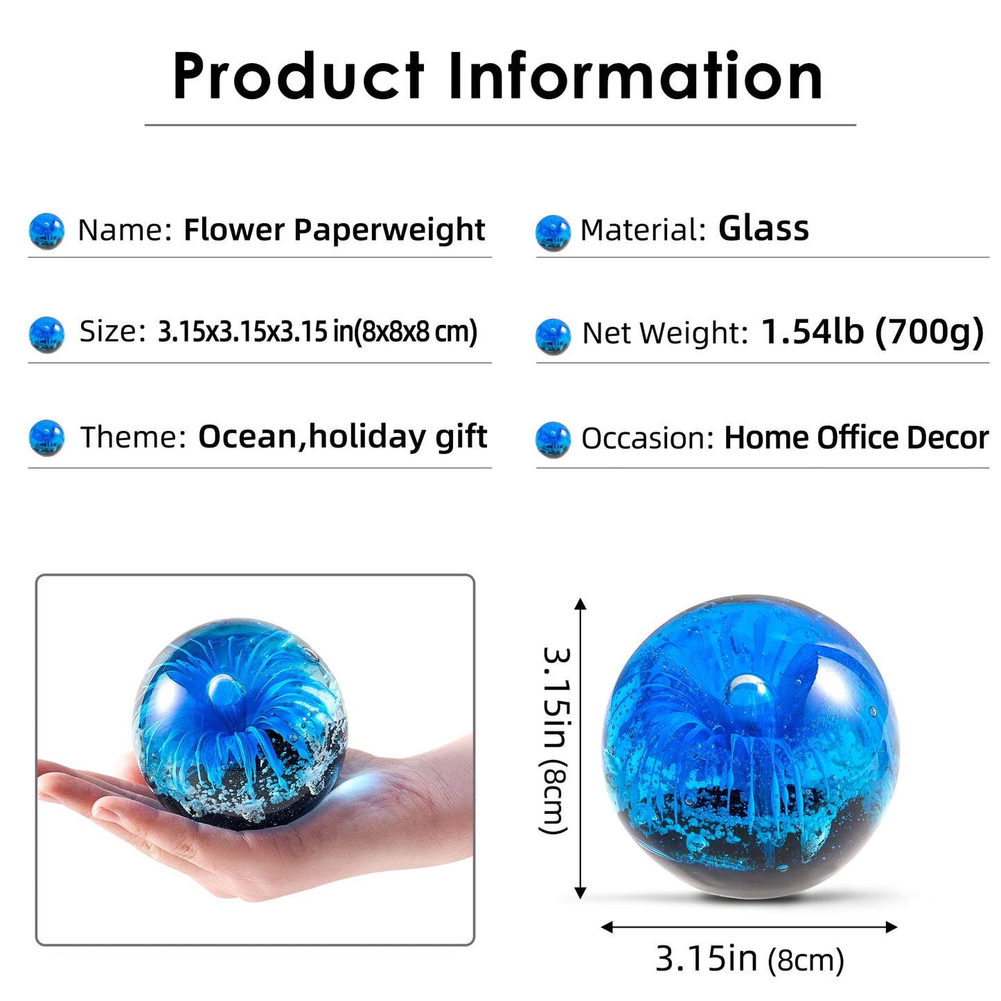 Hand Blown Glass Blue Flower Sphere Figurine, Blue Paperweight Ball, Sea Plant Ornament for Fish Tank Aquarium, Sea Plant Collection for Birthday Gift