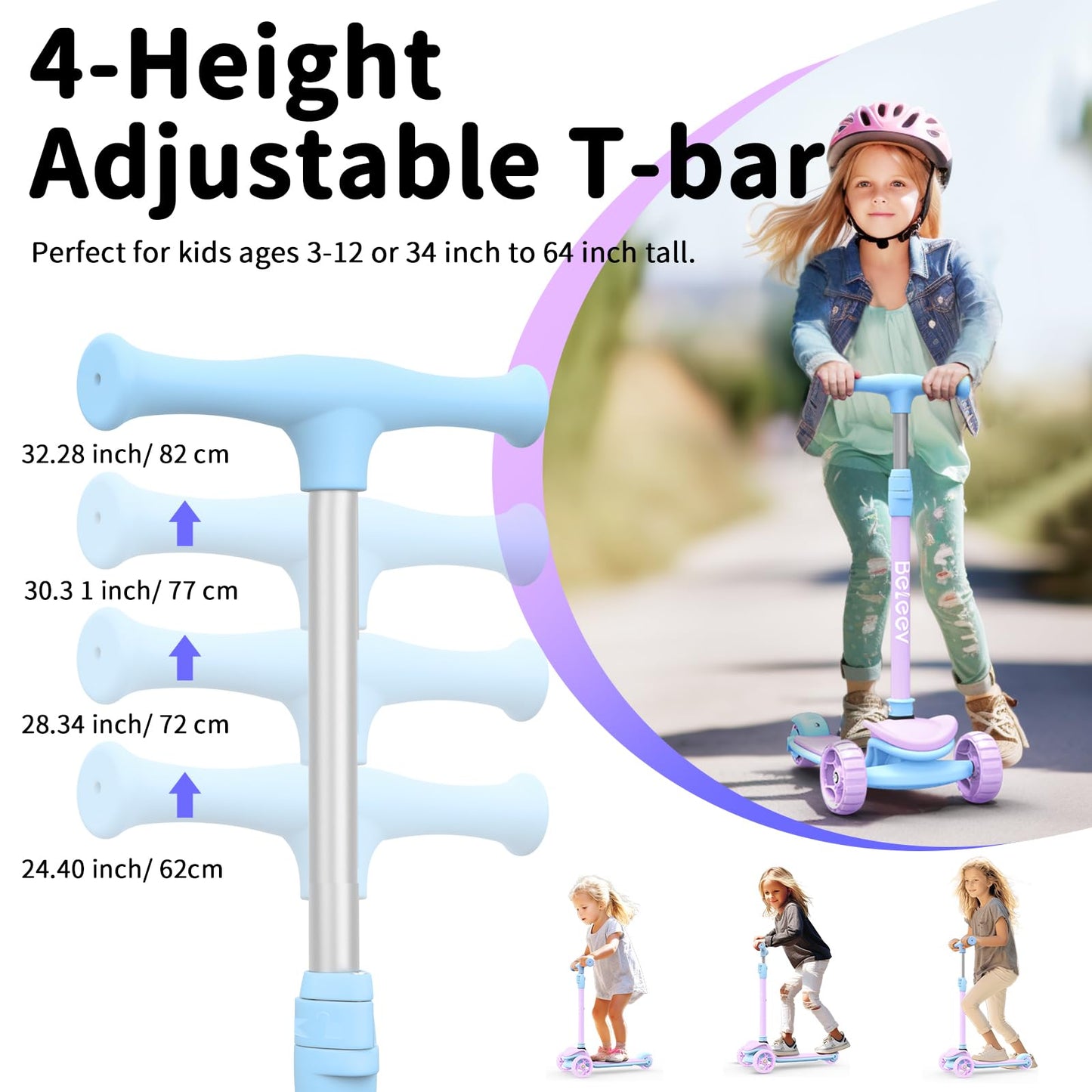 BELEEV A8 Scooter for Kids Ages 3-12, 3 Wheel Folding Scooter for Toddlers Girls & Boys with LED Light Up Wheels, 4 Adjustable Height, Extra Wide Deck, Lightweight Kick Scooter for Children (Purple)