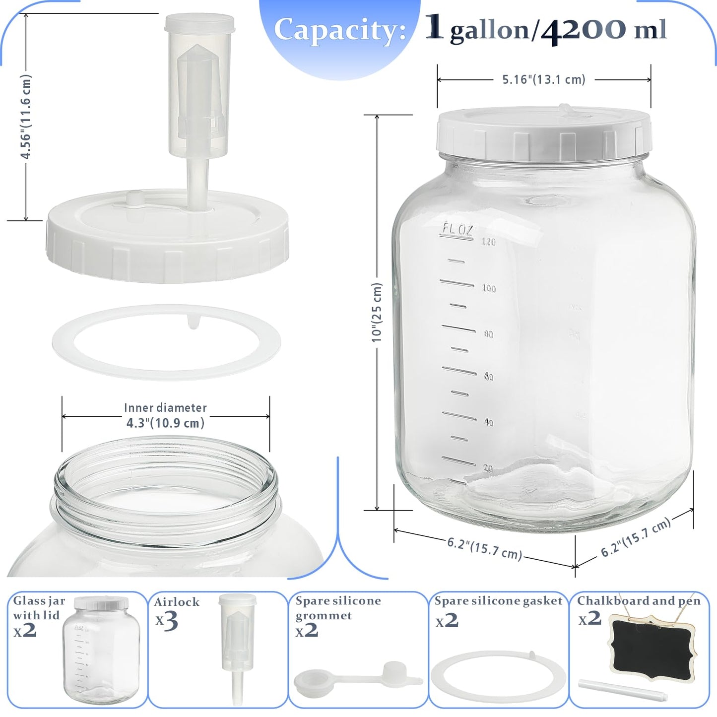 2 Pack Wide Mouth Fermentation Jars w 2 SCREW Lids and 3 Airlocks - 100% Airtight, 1 Gallon Glass Jars with Lids, Mead Making Kits w Scale Marks for Kombucha