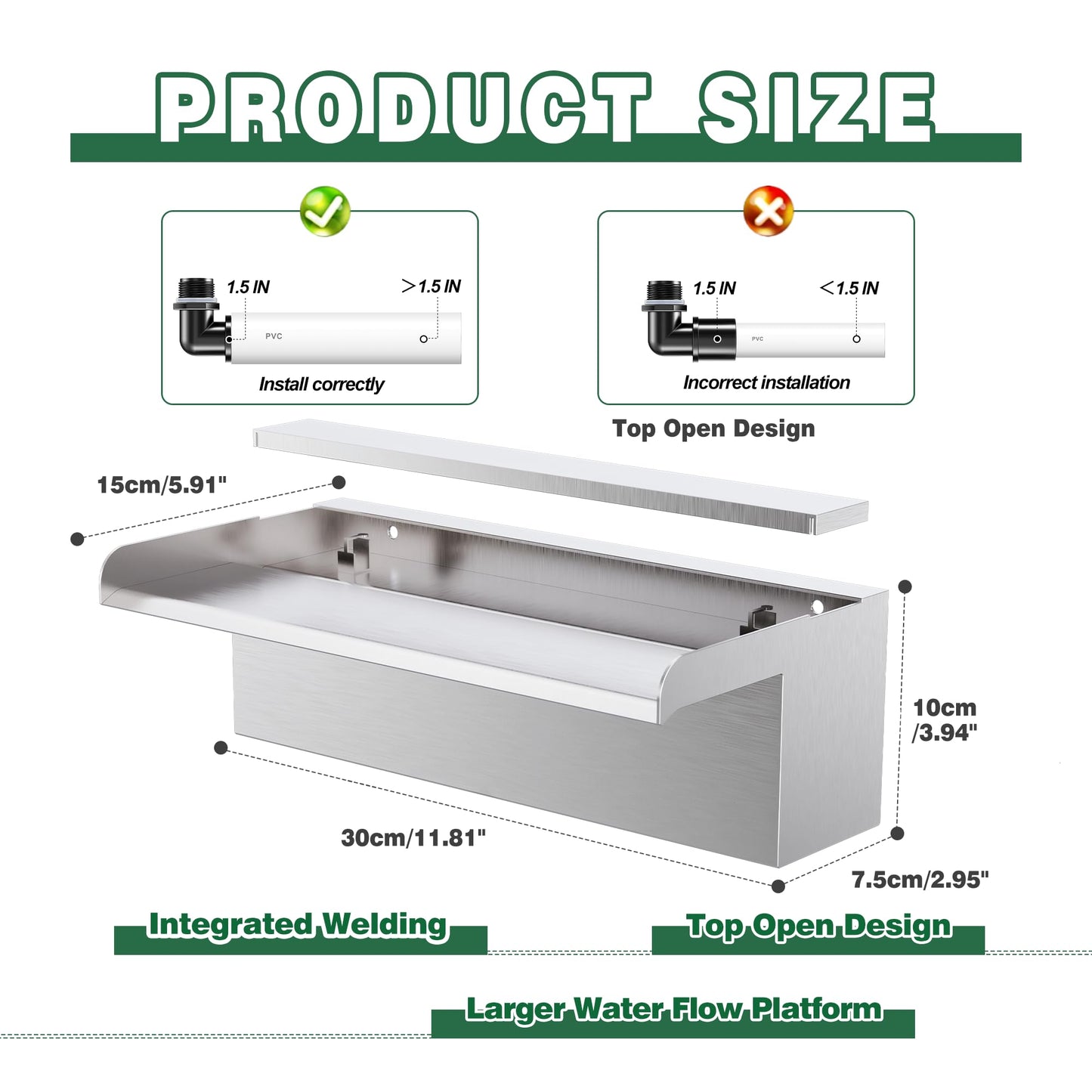 Waterfall Pool Fountain LONGRUNNEW 304 Stainless Steel 11.8" Rectangular Waterfall Spillway, Water Fall Fountain with Pipe Connector for Garden Outdoor, Swimming Pools, Fountains, Pond and Spa