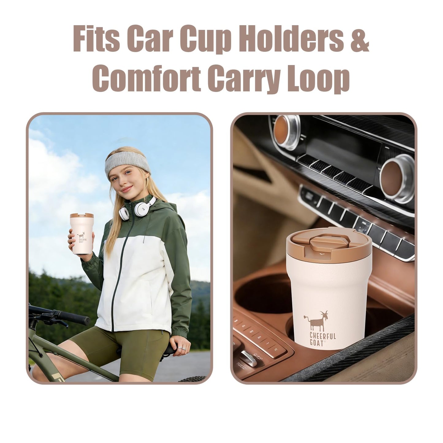 CHEERFUL GOAT Ceramic Lined Coffee Travel Mug – Stainless Steel Travel Coffee Tumbler with Ceramic Liner, with lid, 12oz Coffee Cup for Hot and Cold Water Coffee at Home, Office, or On the Go (Coffee)
