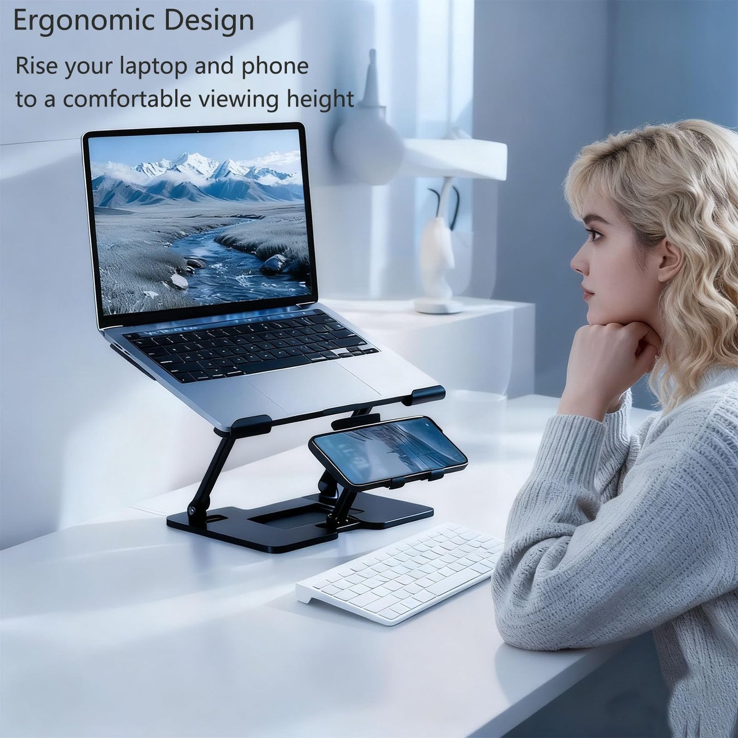 Ergonomic 2-in-1 Laptop Cooling Stand with Phone Holder, Portable Laptop Riser, Laptop Stand for Desk Foldable, Computer Notebook Stand Holder, Fits All Laptops up to 10-16''