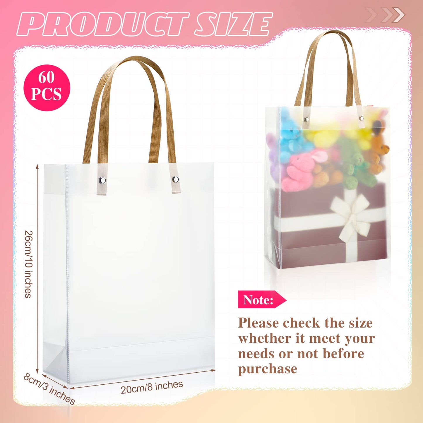 Clear Plastic Gift Bags with Handle, Transparent Reusable Tote Boutique Bags Gift Wrap for Wedding, Retail, 10 x 8 x 3 Inch(60 Pcs)