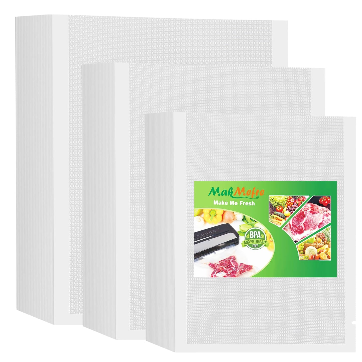 MakMeFre 300 Bags 100 of Each Size Plus Quart 10"x13" and Quart 8"x12" and Pint 6"x10" BPA Free Sous Vide Seal a Meal Commercial Grade Vacuum Seal PreCut Combo Pack Bag
