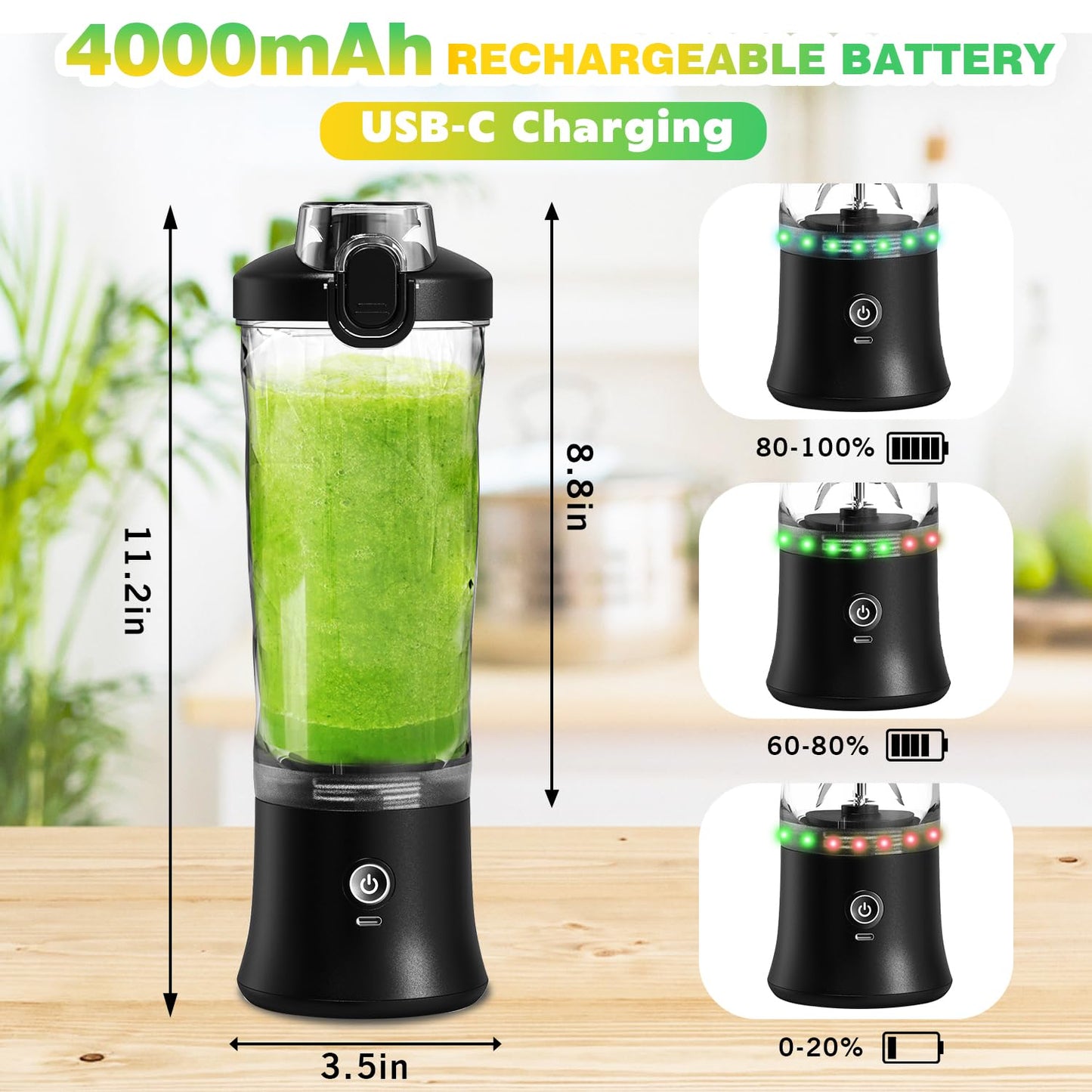 Portable Blender Personal Juicer with Insulated Sleeve for Shakes and Smoothies - 20 OZ Mini Blender Cup with 6 Blades, Travel Lid, USB Rechargeable - Small Blender for Kitchen, Travel, Office, Gym