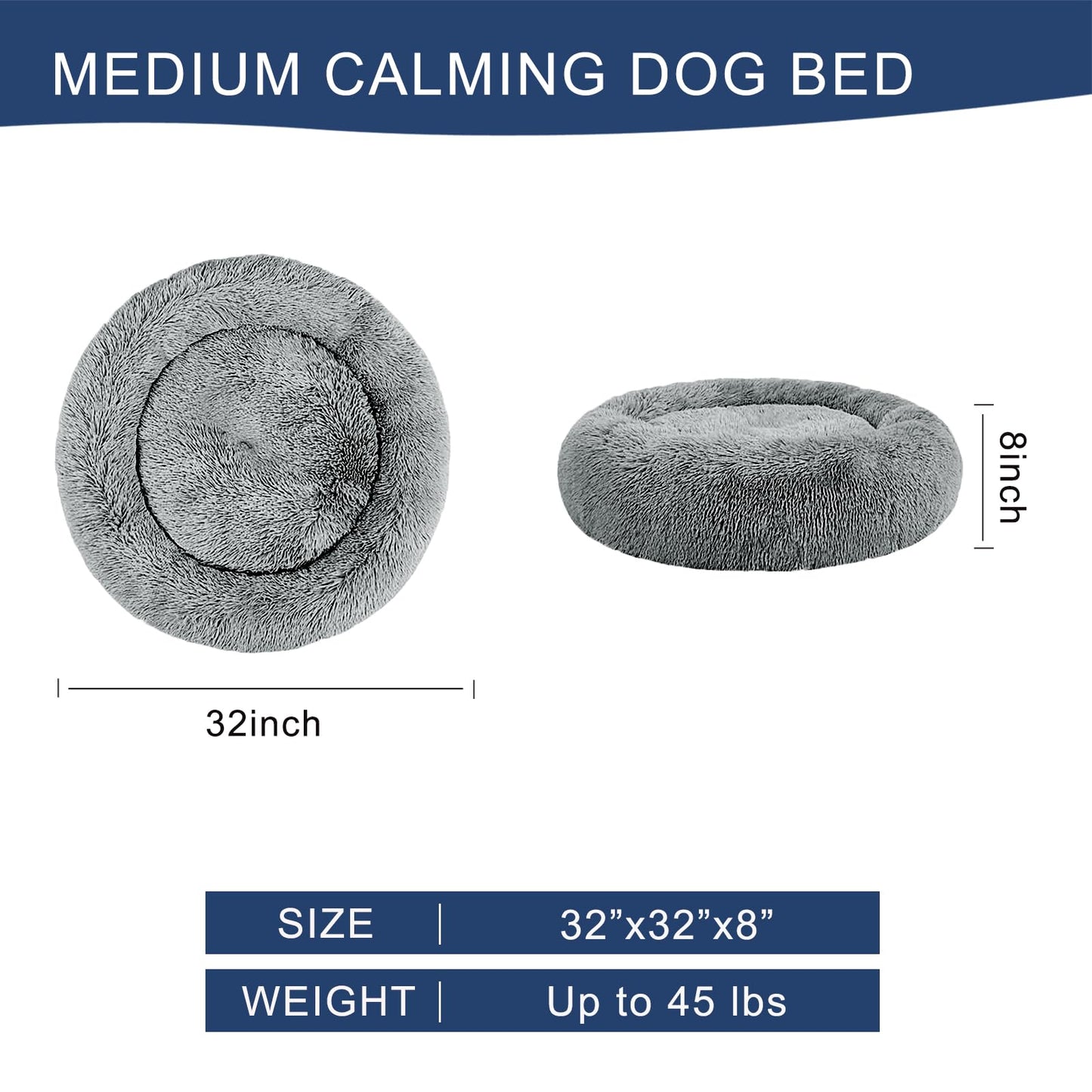 Calming Dog Bed, Anti-Anxiety Pet Bed Fluffy Faux Fur Donut Cat Bed, Washable and Self-Warming Dog Bed with Slip-Resistant Bottom for Medium Dogs and Cats Up to 45 lbs