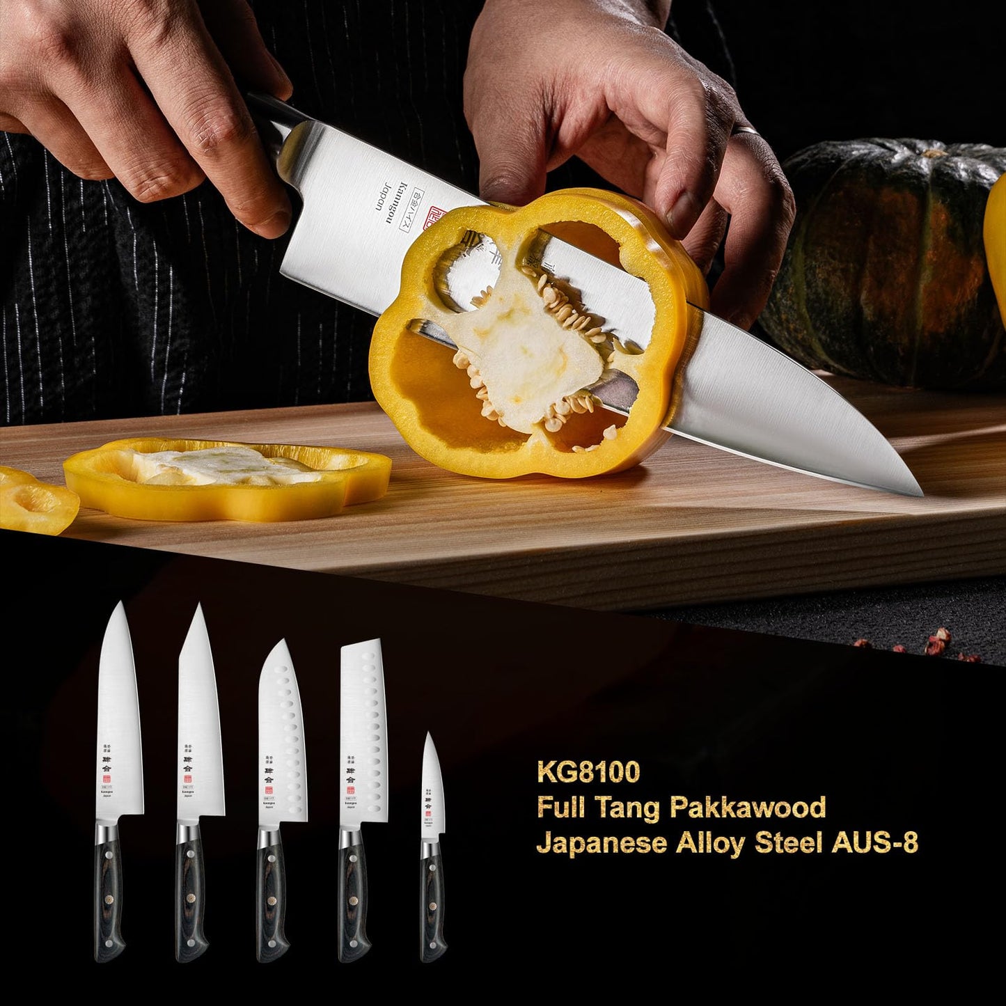 Kanngou 8.27 Inch Gyuto Chef Knife, AUS-8 Steel Chefs Knife with Full-Tang Black Pakkawood, Japanese Kitchen Knife with Premium Gift Box