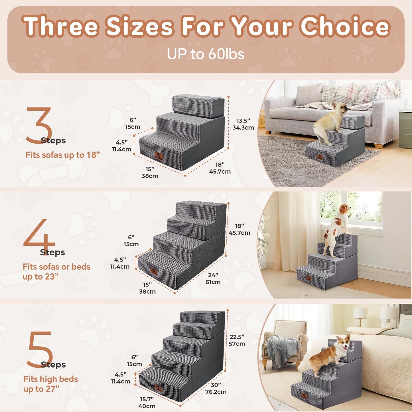 Pet Stairs Ramp for High Beds and Couch for Dogs to Get on Bed - 4 Steps Foldable Stairs for Small Dogs and Old Cats - Foam&Non-Slip&Washable by Sytopia, Grey, 2/3/4/5 Steps