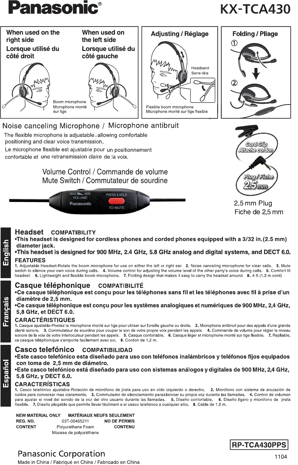 Panasonic KXTCA430S Comfort-Fit Foldable Headset with 2.5mm Jack, Silver