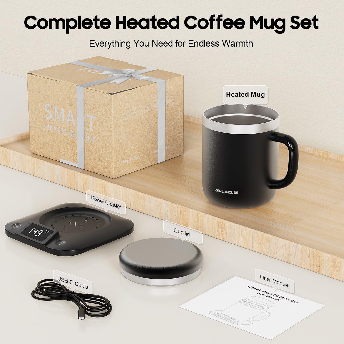 Smart Electric Heated Coffee Mug with Temperature Control, 5 Settings & Display, Auto Shut-Off, Fast Heating Warmer Set with Stainsteel Coffee Mug (17oz-Black)
