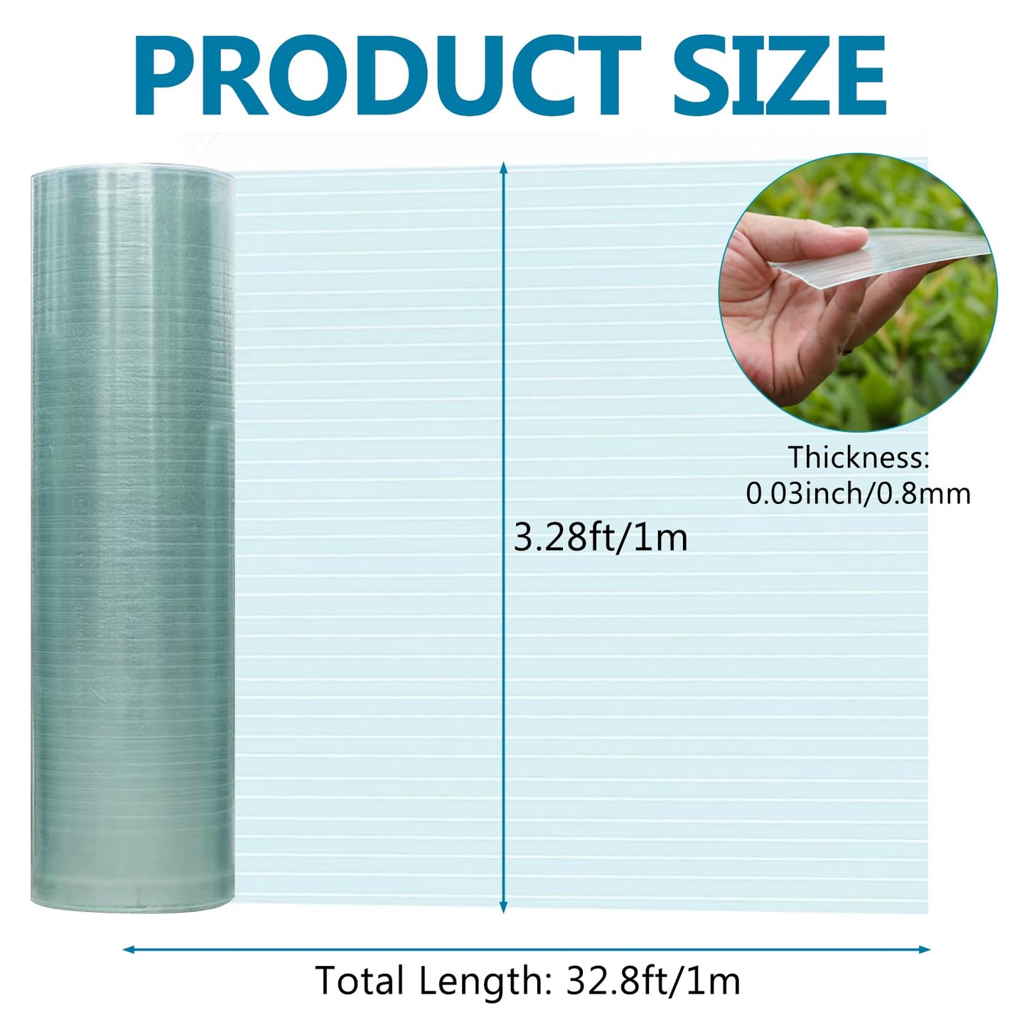 32.8Ft Polycarbonate Roofing Sheet, Transparent Insulation Polycarbonate Sheet for Gardening, Farming, Canopy, Easy to Cut, UV Resistant Greenhouse Clear Film, Green House Plastic Covering