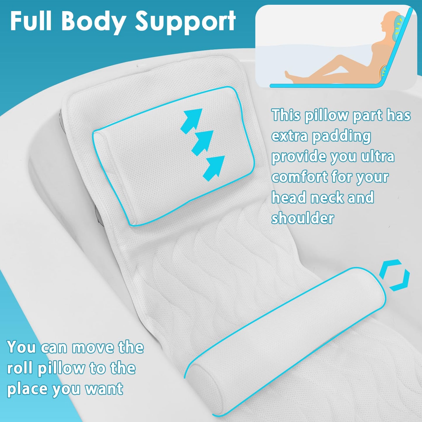 Bath Pillow Full Body, Adjustable Stick Pillow for Waist Support, Head Neck Shoulder Back Rest 11 Suction Cups 3D Mesh Washableโฆ